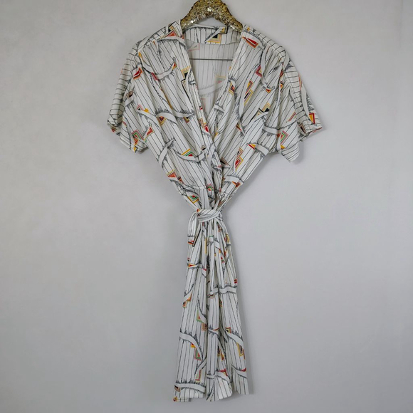 Vintage 80s Homemade Women's White Geometric Colorful Midi Dress with Belt - Picture 8 of 8